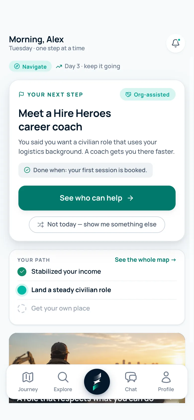 The Prize home screen: today's one next step, Meet a Hire Heroes career coach